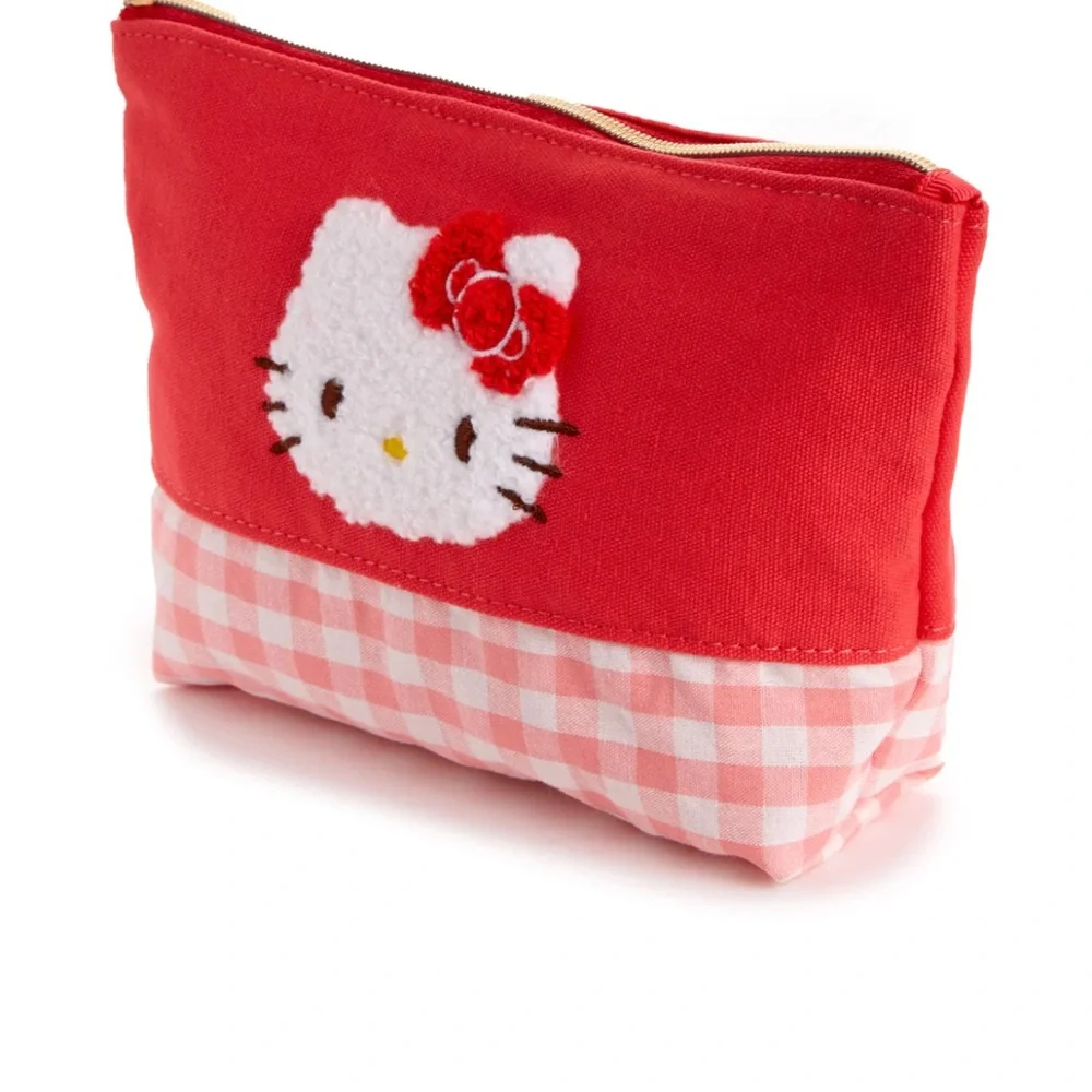 SANRIO Hello Kitty Chenille Gingham Zipper Pouch AND Compact Mirror Set NIP❤️🤍❤️